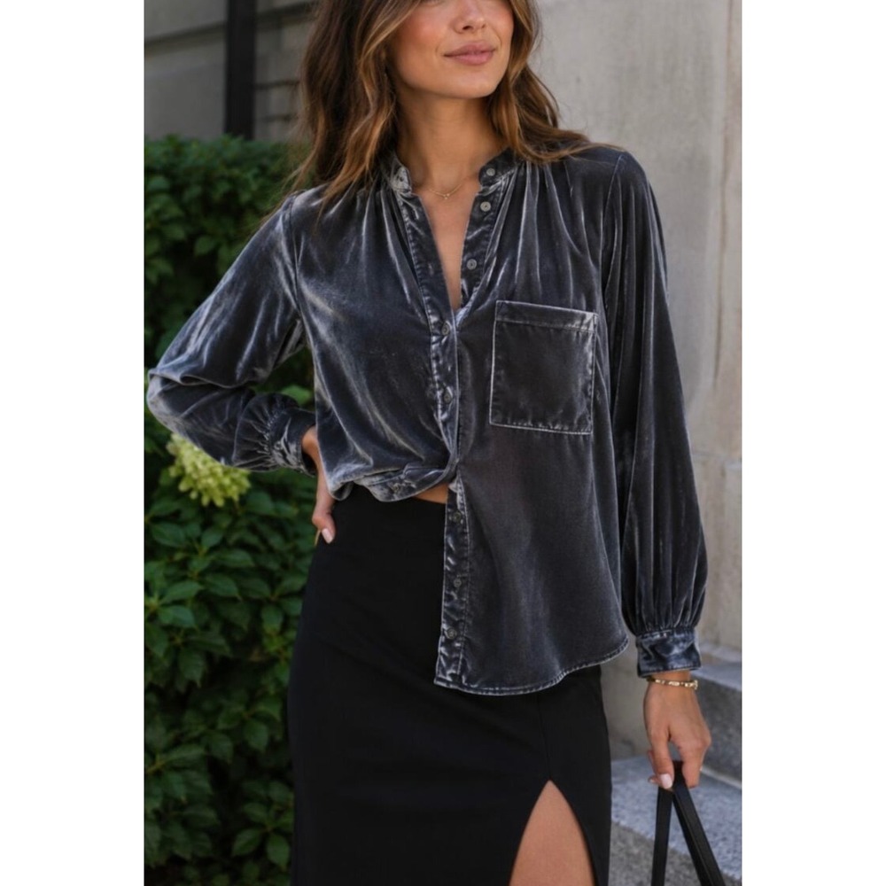 ANTHROPOLOGIE Pilcro Velvet Femme Button Oversized Blouse Women's Party Gray S